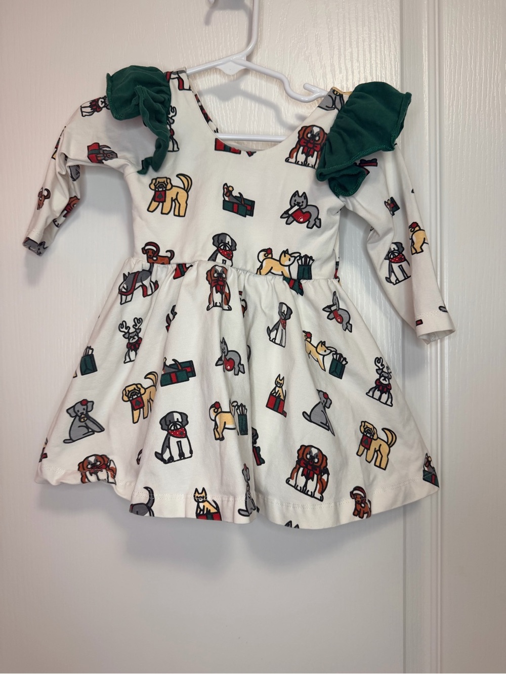 Cream Holiday Dog Print Ruffle Shoulder Dress for Girls